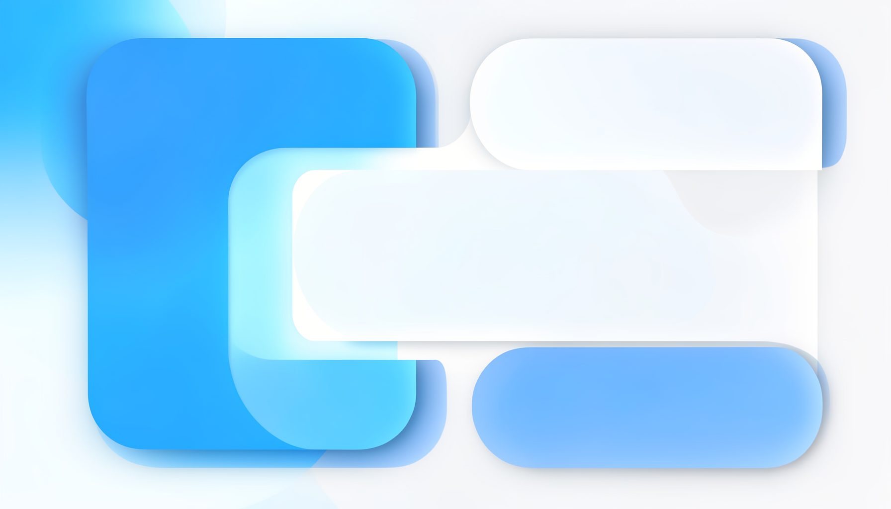 A clean abstract composition of layered rounded rectangles and soft circular accents in shades of blue, white, and pale gray